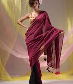 Magenta Black Half N Half Cotton Handspun Soft Saree With Pompom