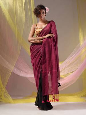 Magenta Black Half N Half Cotton Handspun Soft Saree With Pompom 2