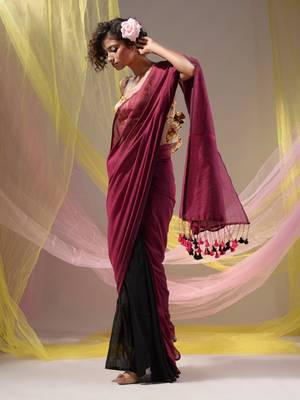 Magenta Black Half N Half Cotton Handspun Soft Saree With Pompom 3
