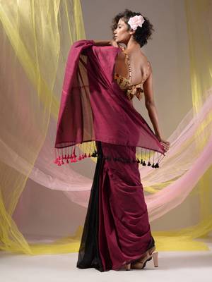 Magenta Black Half N Half Cotton Handspun Soft Saree With Pompom 4