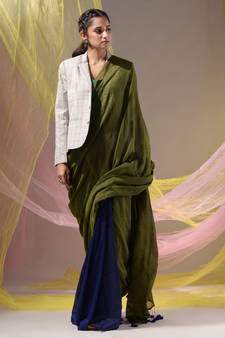 Sap Green And Royal Blue Half N Half Cotton Handspun Soft Saree With Pompom