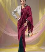 Fuchsia And Teal Half N Half Cotton Handspun Soft Saree With Pompom