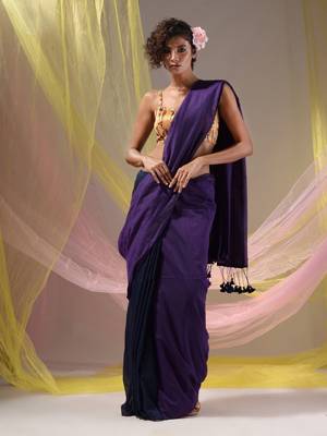 Violet And Navy Blue Half N Half Cotton Handspun Soft Saree With Pompom 1