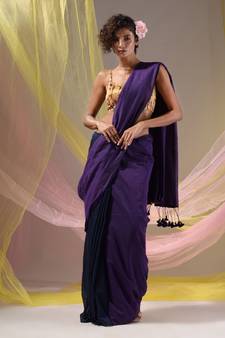 Violet And Navy Blue Half N Half Cotton Handspun Soft Saree With Pompom