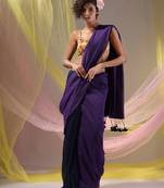 Violet And Navy Blue Half N Half Cotton Handspun Soft Saree With Pompom