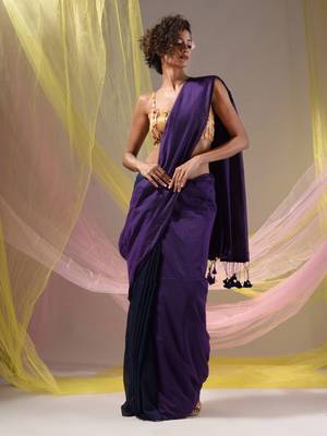 Violet And Navy Blue Half N Half Cotton Handspun Soft Saree With Pompom 2