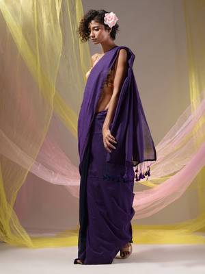 Violet And Navy Blue Half N Half Cotton Handspun Soft Saree With Pompom 3