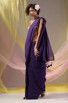 Violet And Navy Blue Half N Half Cotton Handspun Soft Saree With Pompom