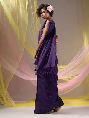 Violet And Navy Blue Half N Half Cotton Handspun Soft Saree With Pompom 4