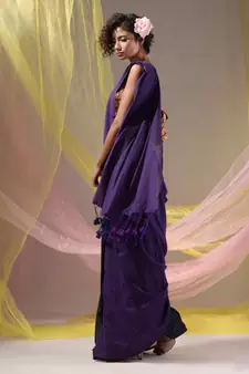 Violet And Navy Blue Half N Half Cotton Handspun Soft Saree With Pompom