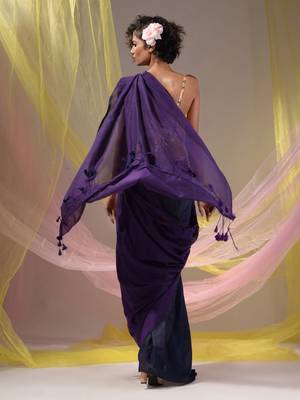 Violet And Navy Blue Half N Half Cotton Handspun Soft Saree With Pompom 5