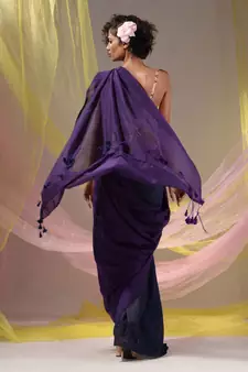 Violet And Navy Blue Half N Half Cotton Handspun Soft Saree With Pompom