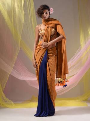 Mustard And Blue Half N Half Cotton Handspun Soft Saree With Pompom 1