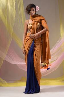 Mustard And Blue Half N Half Cotton Handspun Soft Saree With Pompom