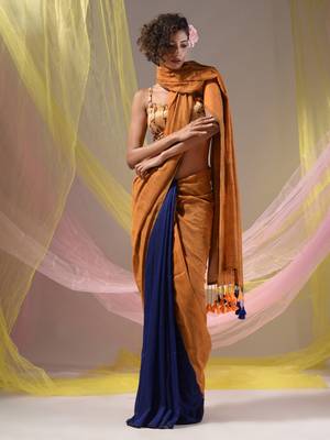 Mustard And Blue Half N Half Cotton Handspun Soft Saree With Pompom 2
