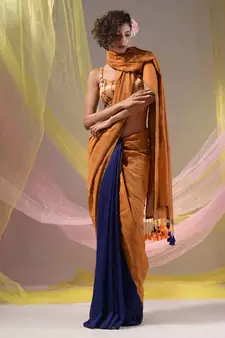 Mustard And Blue Half N Half Cotton Handspun Soft Saree With Pompom