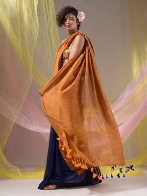 Mustard And Blue Half N Half Cotton Handspun Soft Saree With Pompom 3