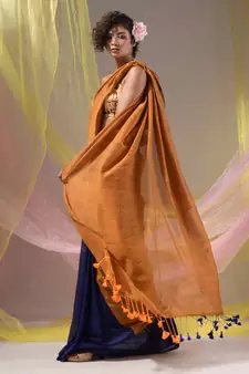 Mustard And Blue Half N Half Cotton Handspun Soft Saree With Pompom