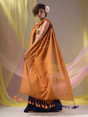 Mustard And Blue Half N Half Cotton Handspun Soft Saree With Pompom 4
