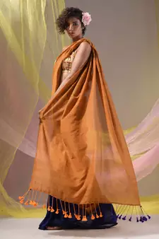 Mustard And Blue Half N Half Cotton Handspun Soft Saree With Pompom