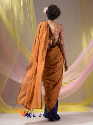 Mustard And Blue Half N Half Cotton Handspun Soft Saree With Pompom 5