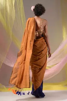 Mustard And Blue Half N Half Cotton Handspun Soft Saree With Pompom