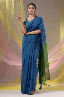 Cobalt Blue Cotton Handspun Soft Saree With Contrast Green Pallu