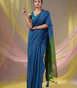 Cobalt Blue Cotton Handspun Soft Saree With Contrast Green Pallu