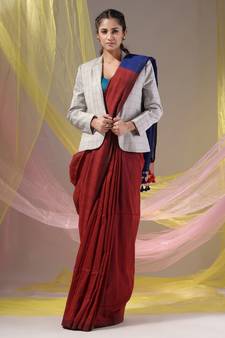 Red Cotton Handspun Soft Saree With Contrast Blue Pallu