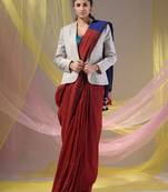 Red Cotton Handspun Soft Saree With Contrast Blue Pallu