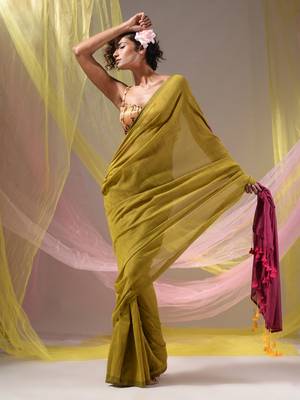 Corn Yellow Cotton Handspun Soft Saree With Contrast Magenta Pallu 1
