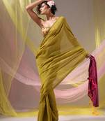 Corn Yellow Cotton Handspun Soft Saree With Contrast Magenta Pallu