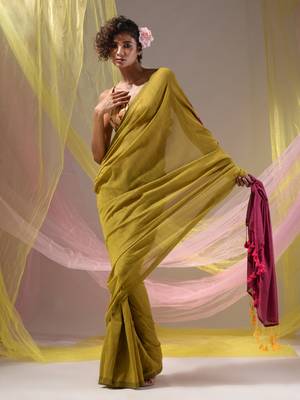 Corn Yellow Cotton Handspun Soft Saree With Contrast Magenta Pallu 2