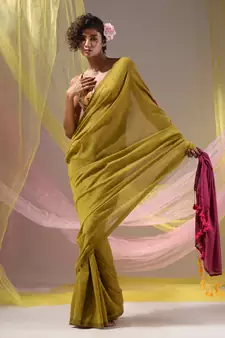 Corn Yellow Cotton Handspun Soft Saree With Contrast Magenta Pallu
