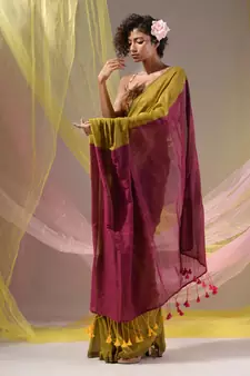 Corn Yellow Cotton Handspun Soft Saree With Contrast Magenta Pallu
