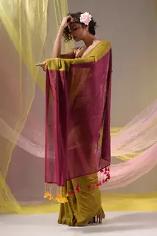 Corn Yellow Cotton Handspun Soft Saree With Contrast Magenta Pallu