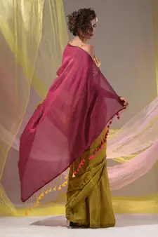 Corn Yellow Cotton Handspun Soft Saree With Contrast Magenta Pallu