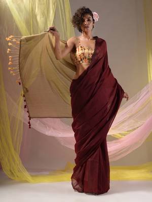 Maroon Cotton Handspun Soft Saree With Contrast Beige Pallu 1