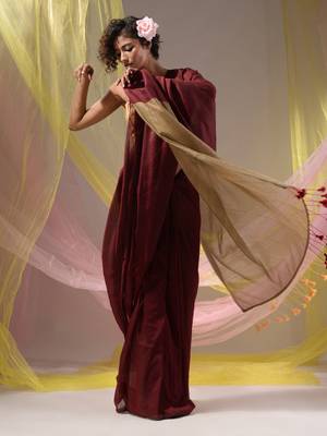 Maroon Cotton Handspun Soft Saree With Contrast Beige Pallu 4
