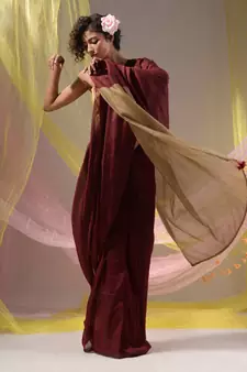 Maroon Cotton Handspun Soft Saree With Contrast Beige Pallu