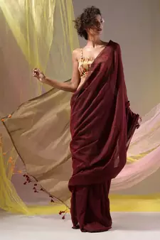 Maroon Cotton Handspun Soft Saree With Contrast Beige Pallu