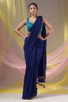 Midnight Blue Cotton Handspun Soft Saree With Pompom