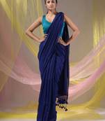 Midnight Blue Cotton Handspun Soft Saree With Pompom