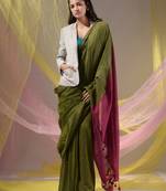 Moss Green Cotton Handspun Soft Saree With Contrast Fuchsia Pallu