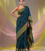 Teal Cotton Handspun Soft Saree With Nakshi Border