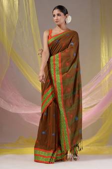 Ochre Yellow Cotton Handspun Soft Saree With Nakshi Border