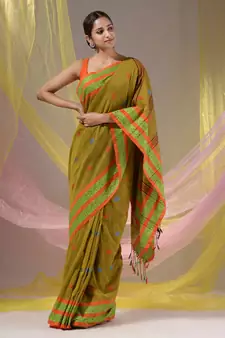 Mustard Cotton Handspun Soft Saree With Nakshi Border