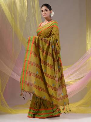 Mustard Cotton Handspun Soft Saree With Nakshi Border 3