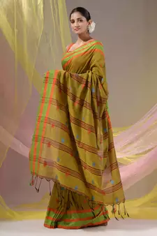 Mustard Cotton Handspun Soft Saree With Nakshi Border