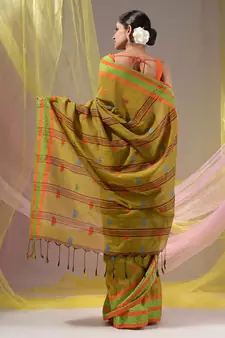 Mustard Cotton Handspun Soft Saree With Nakshi Border
